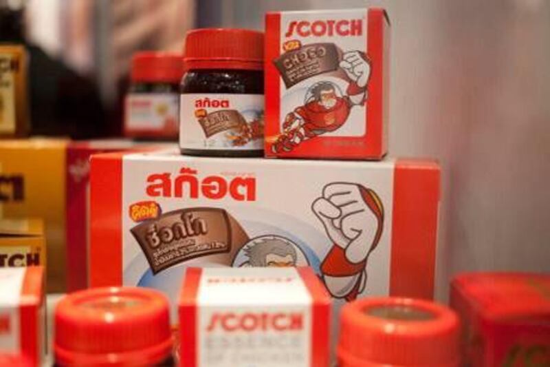 Dubai, United Arab Emirates - February 25 2013 -  Chocolate flavored chicken essence drink on display at the Gulfood exhibition in Dubai World Trade Center. The essence of chicken is made by a company called "Scotch" from Thailand. (Razan Alzayani / The National) 