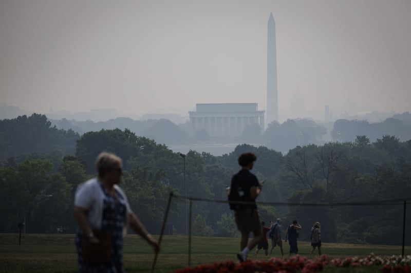 The Lincoln Memorial, Washington Monument and US Capitol shrouded in smoke from Canadian wildfires. Bloomberg