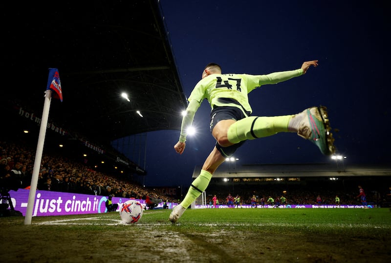 Manchester City's Phil Foden takes a corner kick in a match against Crystal Palace at Selhurst Park in London. Reuters