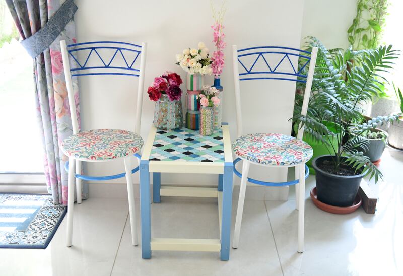Her first project was a set of old chairs, which she transformed using a floral fabric