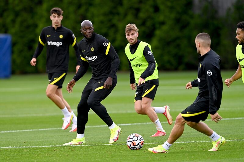 Romelu Lukaku and Timo Werner at Chelsea's Cobham training ground on Tuesday