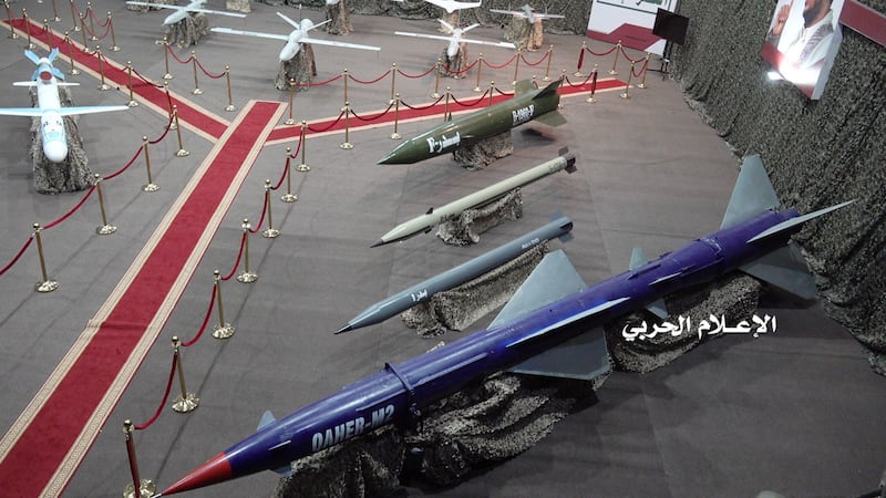 Missiles and drone aircraft are on display at a Houthi exhibition in Yemen. Reuters