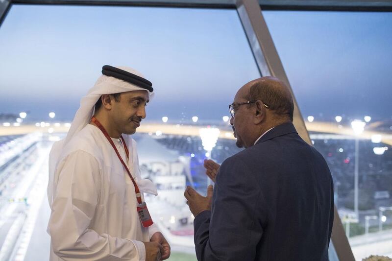Sheikh Abdullah bin Zayed, Minister of Foreign Affairs and International Cooperation, left, and Omar Al Bashir, President of Sudan, attend the final day of the Grand Prix. Ryan Carter / Crown Prince Court - Abu Dhabi