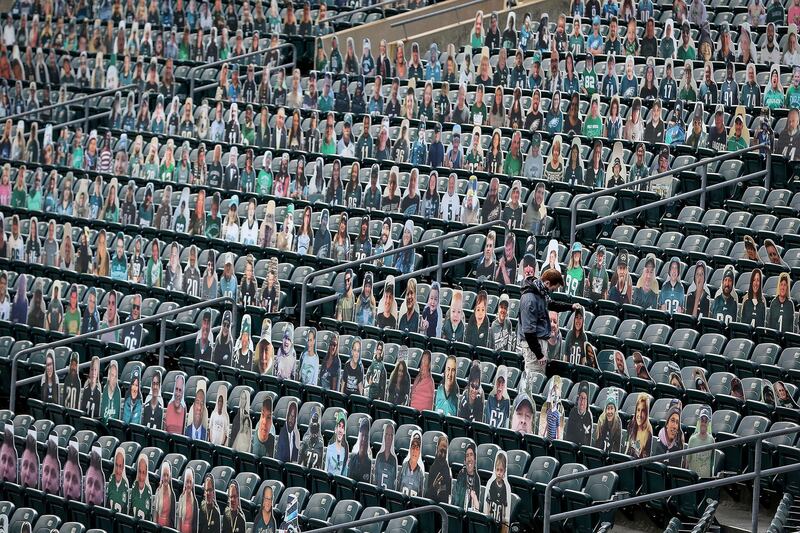 Cutouts of fans are placed in the stands at Lincoln Financial Field on Tuesday September 15, ahead of the NFL game between the Philadelphia Eagles and LA Rams on Sunday. No fans will be present at the game due to Covid-19 restrictions. AP