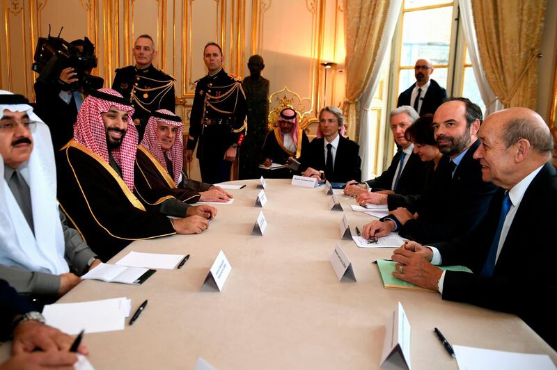 Saudi Arabia's Crown Prince Mohammed bin Salman meets French Prime Minister Edouard Philippe, and French Foreign Minister Jean-Yves Le Drian in Paris. AP Photo