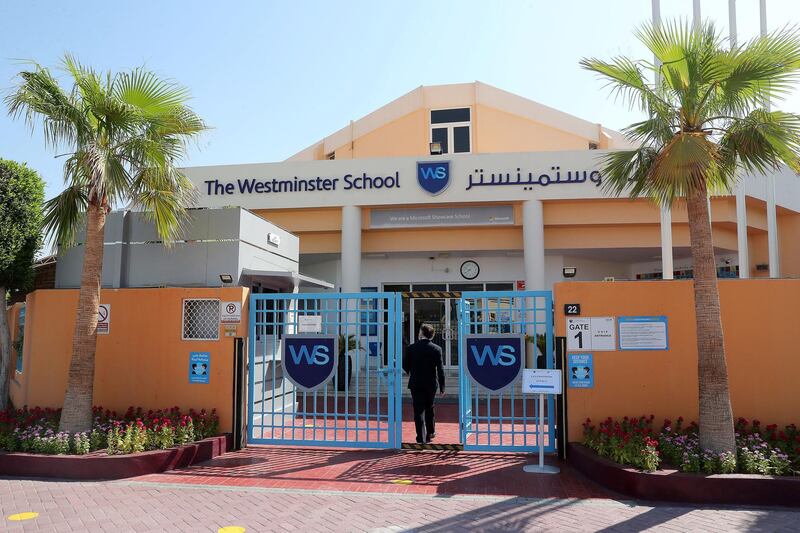 DUBAI, UNITED ARAB EMIRATES , September 21 – 2020 :- Entrance gate of The Westminster School in Al Qusais in Dubai.  (Pawan Singh / The National) For News. Story by Sarwat