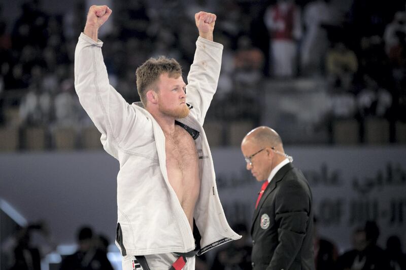 ABU DHABI, UNITED ARAB EMIRATES - April 26 2019.

Tommy Langarkar (NOR), wins the 77kg final against Oliver Lovell (GBR)   at Abu Dhabi World Professional Jiu-Jitsu Championship at Mubadala Arena.

(Photo by Reem Mohammed/The National)

Reporter: AMITH
Section: SP