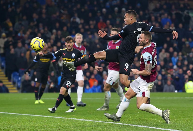 BURNLEY, ENGLAND - DECEMBER 03:  Gabriel Jesus of Manchester City scores his team's second goal during the Premier League match between Burnley FC and Manchester City at Turf Moor on December 03, 2019 in Burnley, United Kingdom. (Photo by Alex Livesey/Getty Images)