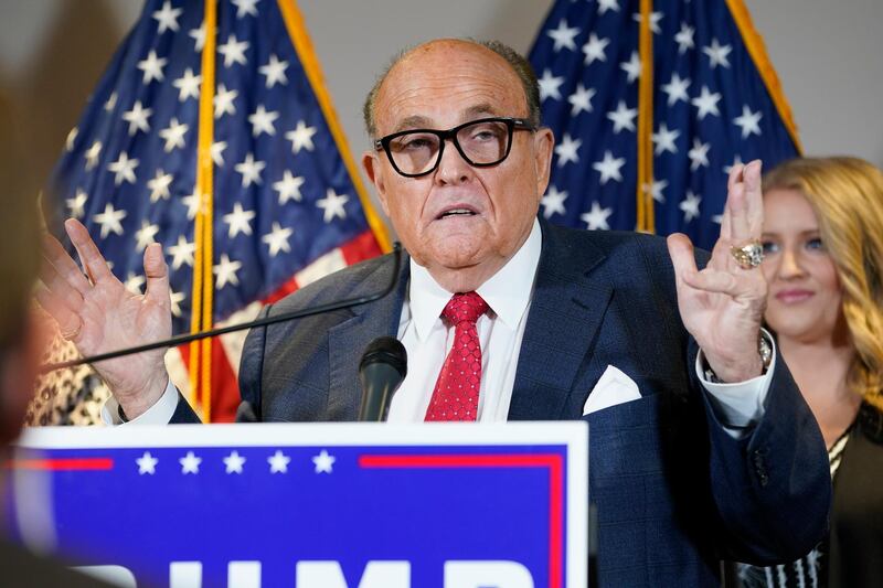 FILE - In this Nov. 19, 2020, file photo former Mayor of New York Rudy Giuliani, a lawyer for President Donald Trump, speaks during a news conference at the Republican National Committee headquarters in Washington. (AP Photo/Jacquelyn Martin, File)