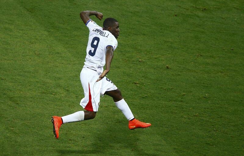 Joel Campbell celebrates his equalising goal for Costa Rica on Saturday that made it 1-1 against Uruguay in the eventual 3-1 win at the 2014 World Cup in Fortaleza, Brazil. Mike Blake / Reuters / June 14, 2014