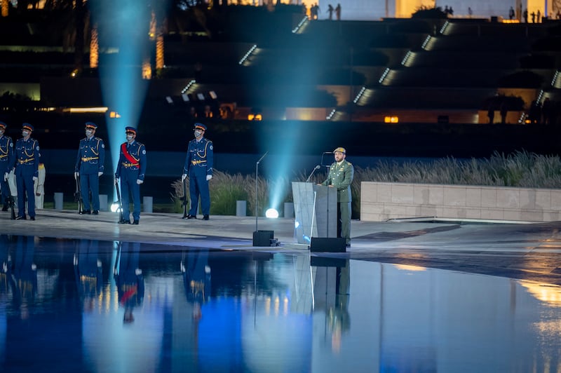 A member of the UAE Armed Forces delivers a speech during the Commemoration Day ceremony at Wahat Al Karama. Photo: Mohamed Al Hammadi / Ministry of Presidential Affairs