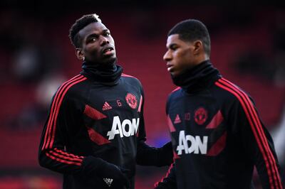 MANCHESTER, ENGLAND - OCTOBER 28:  Paul Pogba and Marcus Rashford of Manchester United warms up prior to the Premier League match between Manchester United and Everton FC at Old Trafford on October 28, 2018 in Manchester, United Kingdom.  (Photo by Laurence Griffiths/Getty Images)