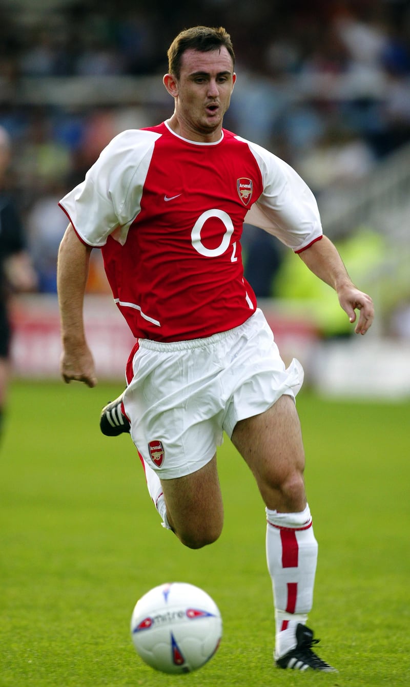 PETERBOROUGH - JULY 11:  Francis Jeffers of Arsenal runs with the ball during the Pre-Season Friendly match between Peterborough United and Arsenal held on July 11, 2003 at London Road, in Peterborough, England. Peterborough United won the match 1-0. (Photo by Pete Norton/Getty Images)