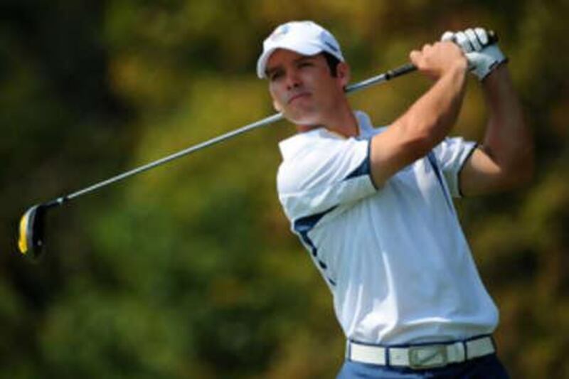 Paul Casey of the European team hits his tee shot on the fourth hole during the singles matches on the final day of the 2008 Ryder Cup.