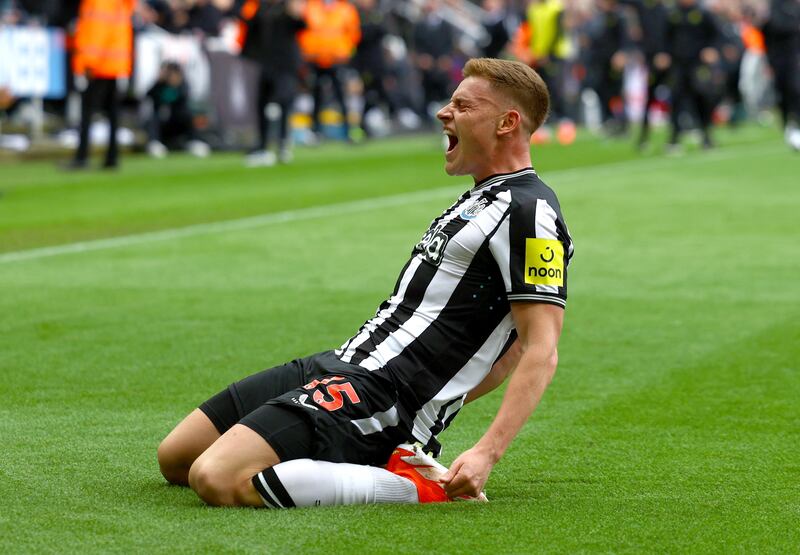 Newcastle United's Harvey Barnes celebrates scoring their fourth goal against West Ham in the Premier League match at St James' Park on March 30, 2024. Action Images
