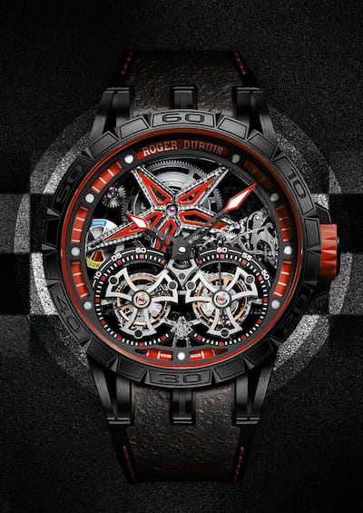 The new double tourbillon addition to Roger Dubuis' Excalibur range features rubber inlays from Pirelli racing tyres