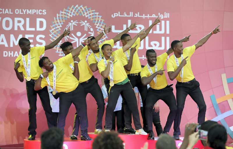 ABU DHABI , UNITED ARAB EMIRATES , March 21 – 2019 :- Members of the Jamacia Basketball team won the gold medal during the awards giving ceremony of the Special Olympics World Games Abu Dhabi 2019 held at ADNEC in Abu Dhabi. ( Pawan Singh / The National ) For News. Story by Haneen