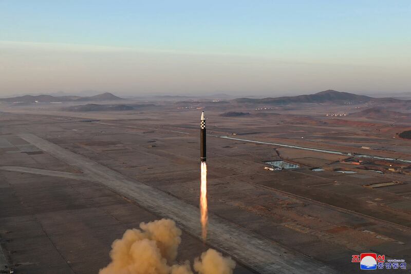 An intercontinental ballistic missile launched in a drill by the North Korean military at Pyongyang International Airport. EPA