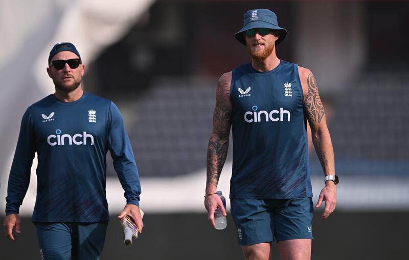 England coach Brendon McCullum and captain Ben Stokes at the Rajiv Gandhi International Stadium in Hyderabad ahead of the five-Test series against India that begins on Thursday. Getty Images