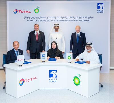 Abu Dhabi, UAE – November 12, 2019: ADNOC LNG said today it has concluded supply agreements with subsidiaries of BP and TOTAL, effectively booking out the majority of its LNG production through Q1 2022. With the transactions, ADNOC LNG has continued to expand its footprint into new regions and markets.
 
The agreements were signed by officials from BP, TOTAL and ADNOG LNG, an Abu Dhabi National Oil Company (ADNOC) operating company.  The signing of the agreements was witnessed by His Excellency Dr Sultan Ahmed Al Jaber, UAE Minister of State and ADNOC Group CEO; Bob Dudley, Group CEO of BP and Patrick Pouyanné, Chairman and CEO of Total. Courtesy Adnoc