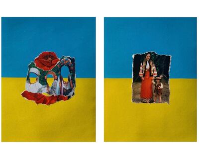 Maria Shapranova’s mixed-media collages use Ukrainian symbolism in pop art style to portray the resilience of Ukrainian women. Photo: Firetti Contemporary