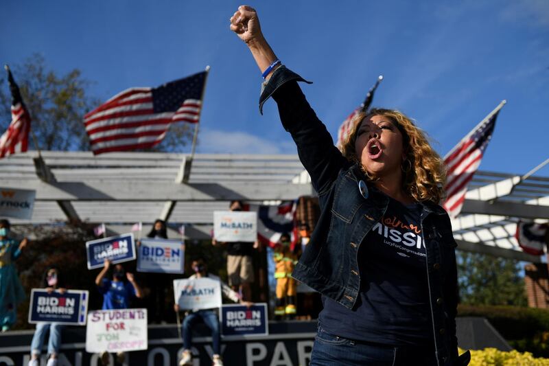US Democratic Rep. Lucy McBath leads a chant at "They See Georgia Blue" campaign event in Suwannee, Georgia, US.  Reuters
