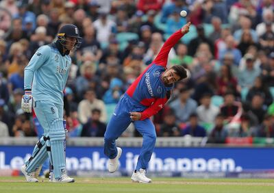 LONDON, ENGLAND - MAY 27: Rashid Khan of Afghanistan bowls during the ICC Cricket World Cup 2019 Warm Up match between England and Afghanistan at The Kia Oval on May 27, 2019 in London, England. (Photo by Richard Heathcote/Getty Images)