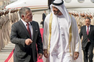 Sheikh Mohamed bin Zayed, Crown Prince of Abu Dhabi and Deputy Supreme Commander of the UAE Armed Forces, receives King Abdullah II of Jordan, at Al Bateen Airport in July 2018. Rashed Al Mansoori / Ministry of Presidential Affairs 