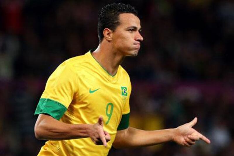 Brazil's Leandro Damiao celebrates scoring against South Korea during the Olympic men's semi-final at Old Trafford