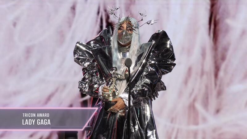 Lady Gaga accepts the Tricon Award during the 2020 MTV VMAs. Reuters