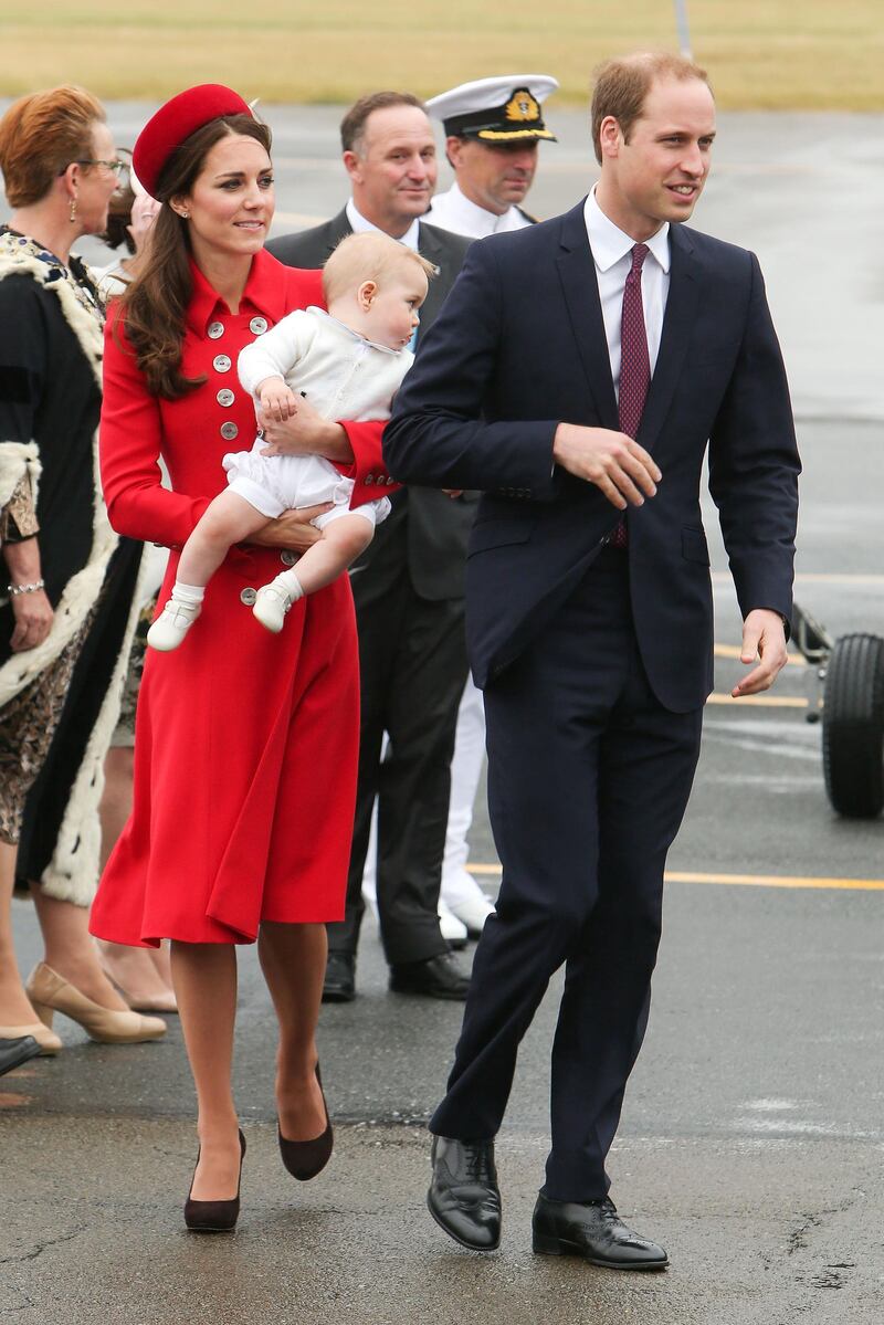 WELLINGTON, NEW ZEALAND - APRIL 07:  Prince William, Duke of Cambridge, Catherine, Duchess of Cambridge and Prince George of Cambridge arrive at Wellington Airport on April 7, 2014 in Wellington, New Zealand. The Duke and Duchess of Cambridge are on a three-week tour of Australia and New Zealand, the first official trip overseas with their son, Prince George of Cambridge.  (Photo by Hagen Hopkins/Getty Images)
