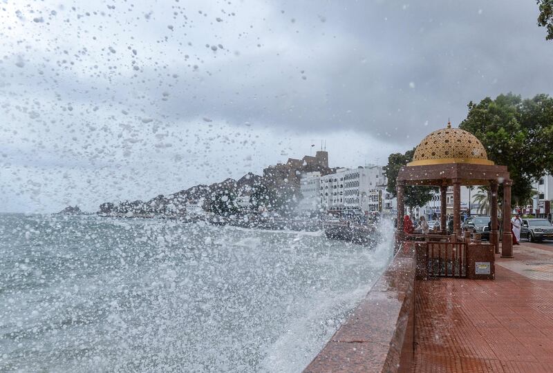 High waves break on the Mutrah seaside promenade in Muscat.