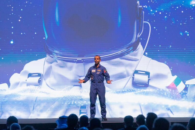Hazza Al Mansouri, the first Emirati man in space, speaks at the congress.