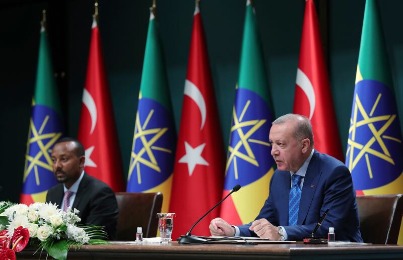 Turkish President Recep Tayyip Erdogan, right, and Ethiopian Prime Minister Abiy Ahmed in Ankara on Wednesday. AP