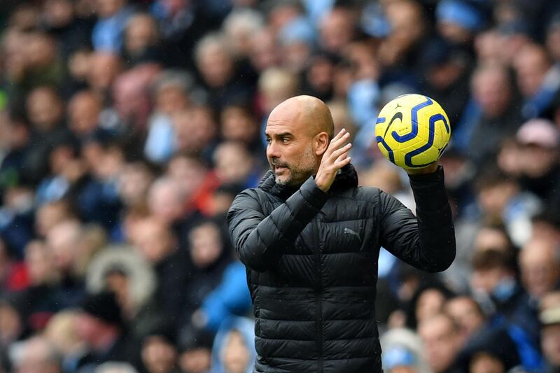 Manchester City's Spanish manager Pep Guardiola catches the ball during the English Premier League football match between Manchester City and Aston Villa at the Etihad Stadium in Manchester, north west England, on October 26, 2019. RESTRICTED TO EDITORIAL USE. No use with unauthorized audio, video, data, fixture lists, club/league logos or 'live' services. Online in-match use limited to 120 images. An additional 40 images may be used in extra time. No video emulation. Social media in-match use limited to 120 images. An additional 40 images may be used in extra time. No use in betting publications, games or single club/league/player publications.
 / AFP / Paul ELLIS / RESTRICTED TO EDITORIAL USE. No use with unauthorized audio, video, data, fixture lists, club/league logos or 'live' services. Online in-match use limited to 120 images. An additional 40 images may be used in extra time. No video emulation. Social media in-match use limited to 120 images. An additional 40 images may be used in extra time. No use in betting publications, games or single club/league/player publications.
