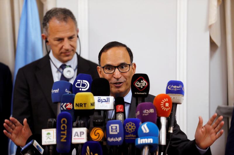 Mansour al-Otaibi, president of the UN Security Council and Kuwait's Ambassador to the UN speaks during news conference in Baghdad, Iraq June 29, 2019. REUTERS/Khalid Al-Mousily