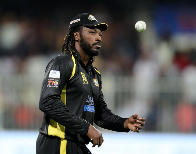 Sharjah, United Arab Emirates - November 21, 2018: Kings' Chris Gayle during the game between Pakktoons and Kerala Kings in the T10 league. Wednesday the 21st of November 2018 at Sharjah cricket stadium, Sharjah. Chris Whiteoak / The National
