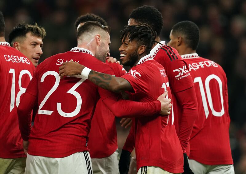 Manchester United's Fred celebrates scoring the second goal in the 2-0 League Cup semi-final second leg win against Nottingham Forest at Old Trafford on February 1, 2023. PA