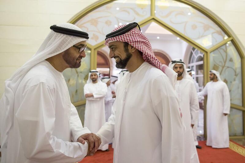 Sheikh Mohammed bin Zayed bids farewell to Sheikh Ammar bin Humaid Al Nuaimi Crown Prince of Ajman, following an Iftar reception at Mushrif Palace. Mohamed Al Hammadi / Crown Prince Court — Abu Dhabi