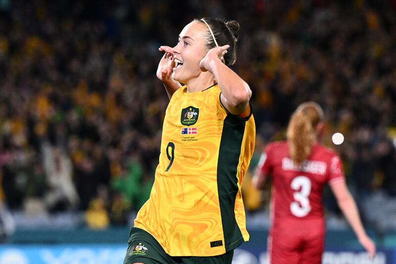 Caitlin Foord of Australia celebrates scoring the opening goal against Denmark. EPA