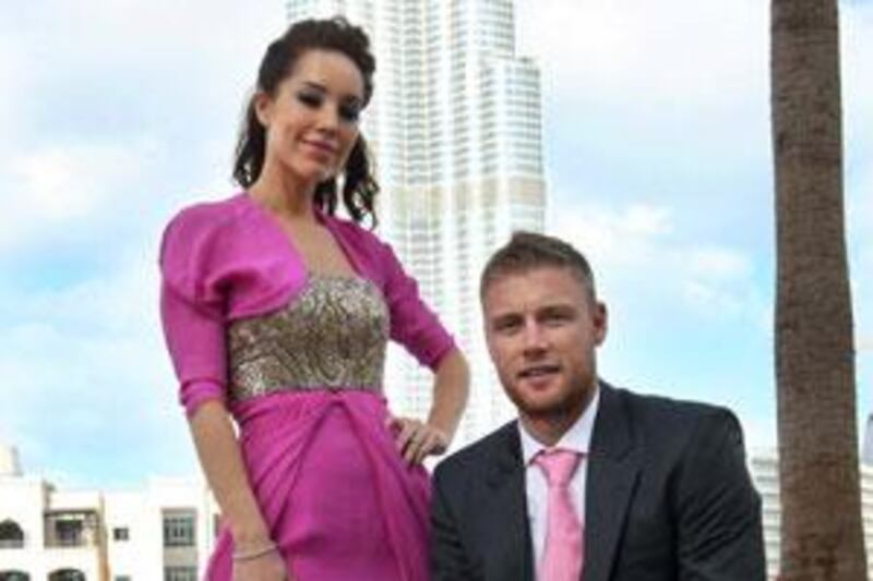 Andrew and Rachael Flintoff looking stylish in Dubai yesterday when the cricketer was unveiled as a sports ambassador for Dubai. Rachael wore a dress by the Dubai-based designer Ayesha Depala.