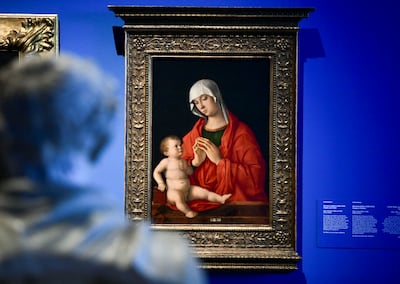 Giovanni Bellini's Virgin and Child, oil on wood, from between 1480 and 1485, displayed at the Letters of Light exhibition at Louvre Abu Dhabi. Khushnum Bhandari / The National 
