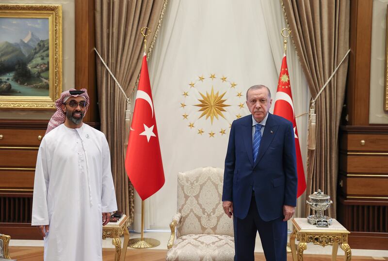 Sheikh Tahnoun bin Zayed, UAE National Security Adviser, with Recep Tayyip Erdogan, President of Turkey. Both sides discussed areas of mutual interest. Wam