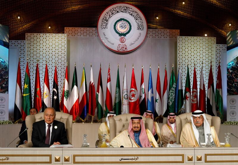 Arab League Secretary-General Ahmed Abul Gheit, Saudi Arabia's King Salman bin Abdulaziz and Saudi Arabia's Foreign Minister Ibrahim Al Assaf attend the 30th Arab Summit in Tunis, Tunisia. Reuters