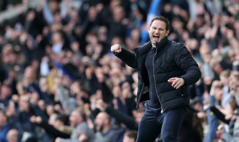 Everton manager Frank Lampard celebrates Gordon's goal. Reuters