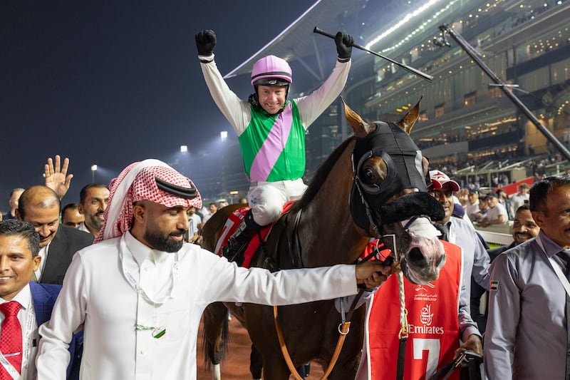 Laurel River, under Tadhg O'Shea, is led in after winning  the Group 1 Dubai World Cup at Meydan Racecourse. Getty Images
