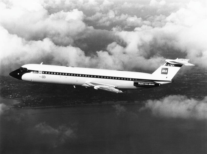 A British Aircraft Corporation Super One-Eleven 500 short-range commercial jet airliner (BAC 1-11 )for British European Airways (BEA) registration G-AVMH County of Cheshire flying above the United Kingdom circa June 1967. (Photo by Hulton Archive/Getty Images)