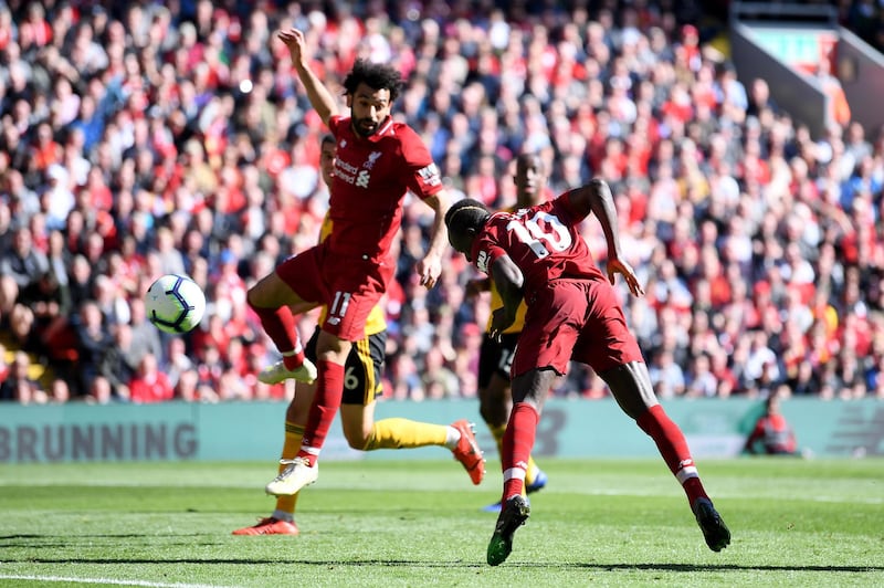 LIVERPOOL, ENGLAND - MAY 12: Sadio Mane of Liverpool scores his team's second goal during the Premier League match between Liverpool FC and Wolverhampton Wanderers at Anfield on May 12, 2019 in Liverpool, United Kingdom. (Photo by Laurence Griffiths/Getty Images)