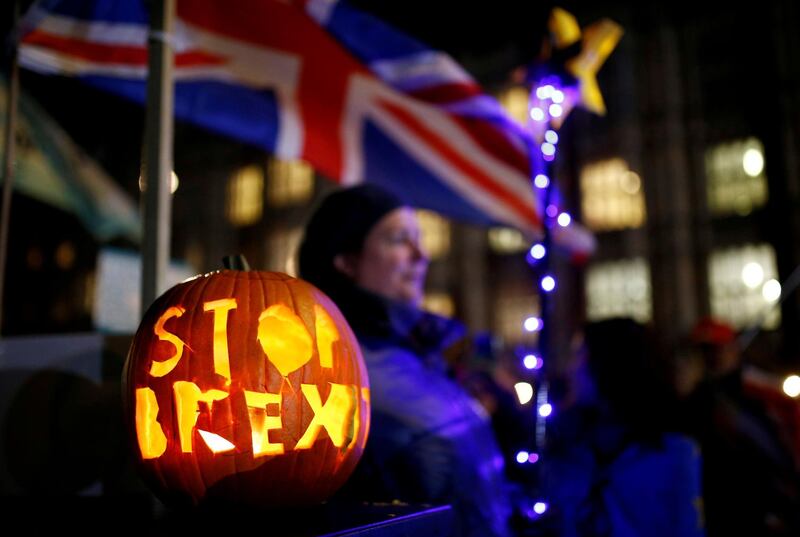 A pumpkin with "Stop Brexit" engraving sits outside the Houses of Parliament in London, Britain October 29, 2019.  REUTERS/Henry Nicholls     TPX IMAGES OF THE DAY