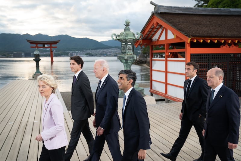 Mr Sunak alongside European Commission President Ursula von der Leyen, Canada's Prime Minister Justin Trudeau, US President Joe Biden, French President Emmanuel Macron and German Chancellor Olaf Scholz during the G7 Summit in May 2023. Getty Images